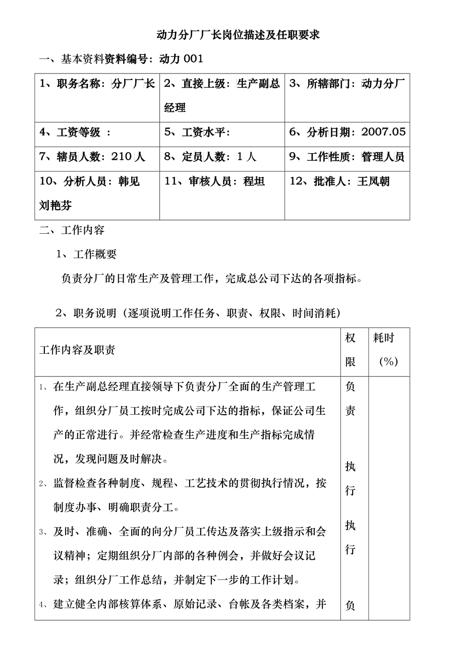 动力分厂厂长岗位描述及任职要求_第1页