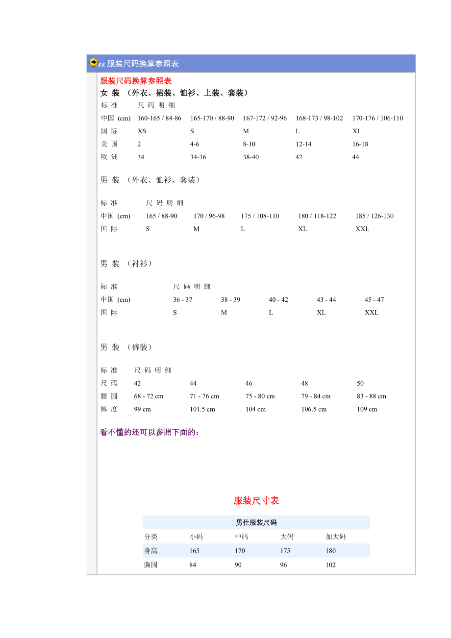 z服装尺码换算参照表_第1页