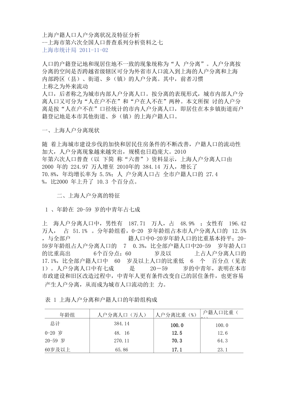 上海户籍人口人户分离状况及特征分析_第1页