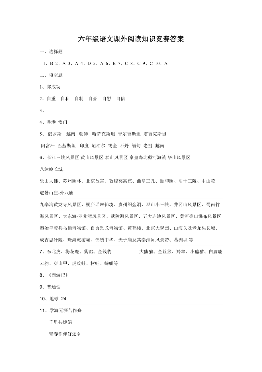 2023年六年级语文课外阅读知识竞赛答案_第1页