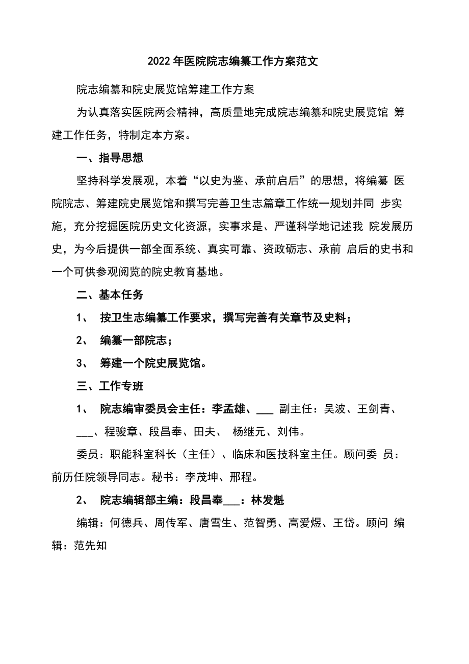 2022年医院院志编纂工作方案范文_第1页