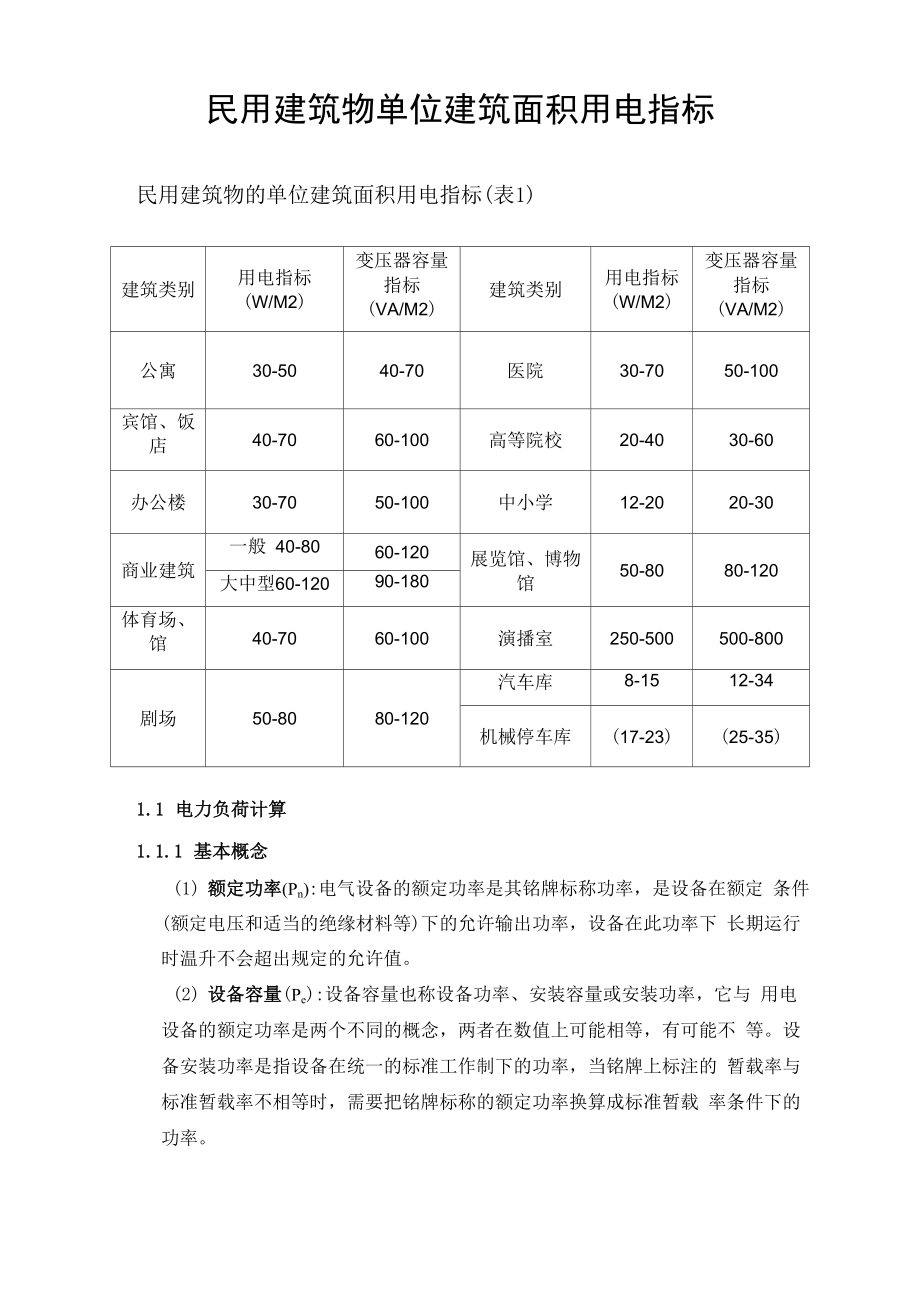 民用建筑物单位建筑面积用电指标_第1页