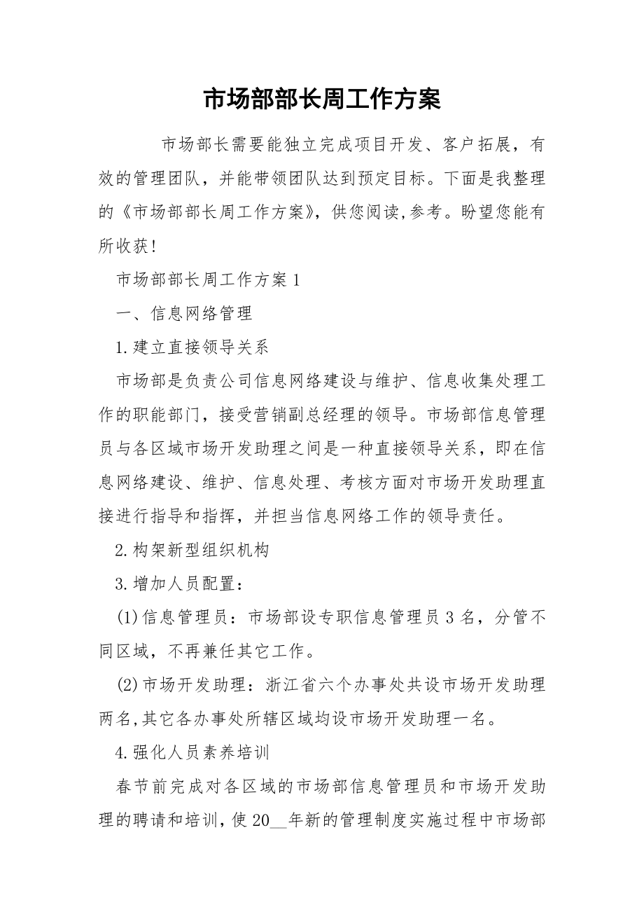 市场部部长周工作方案_第1页