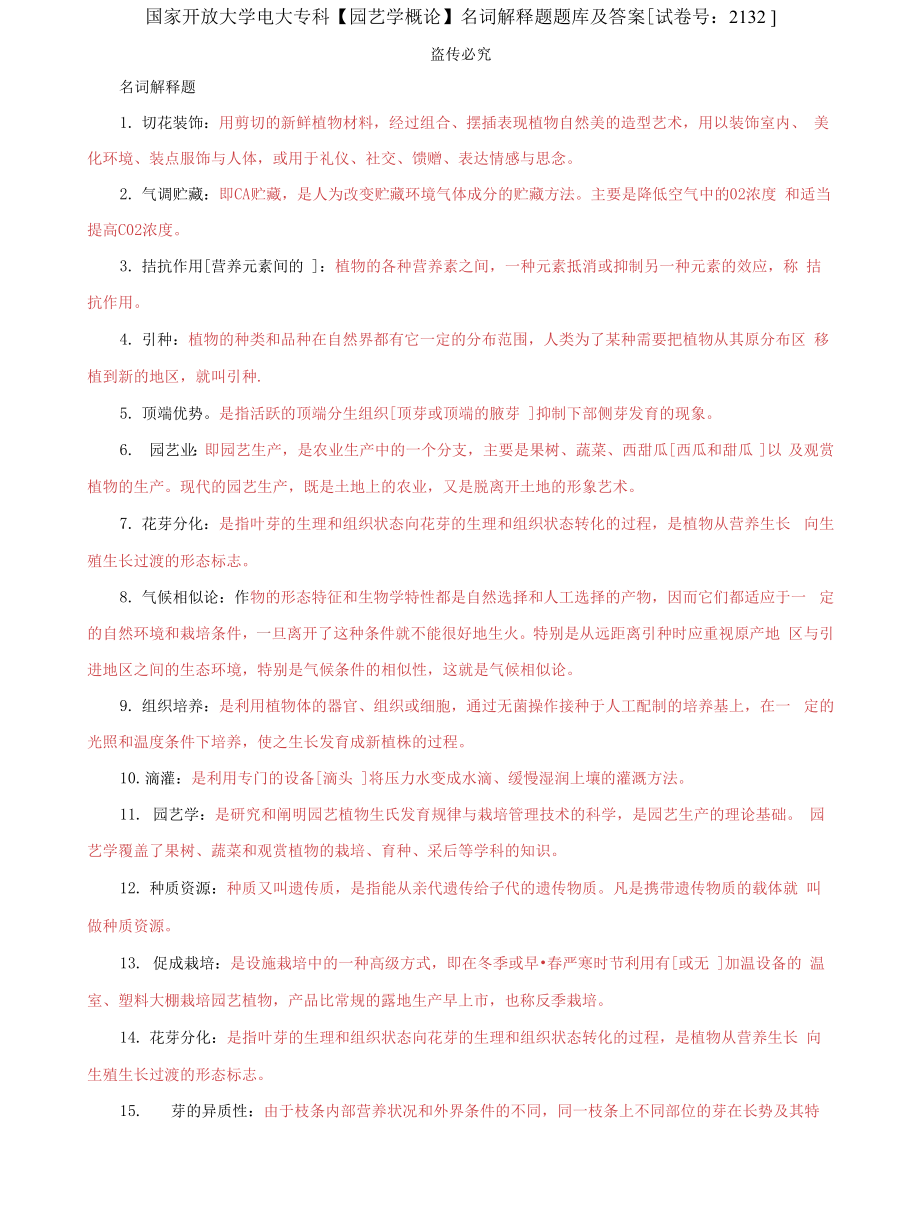 (2022更新）国家开放大学电大专科《园艺学概论》名词解释题题库及答案（试卷号：2132）_第1页