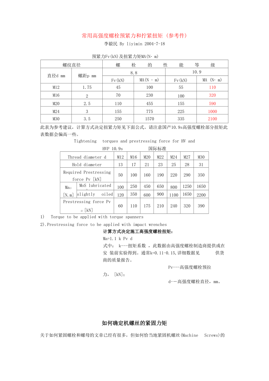 常用高强度螺栓预紧力和拧紧扭矩_第1页