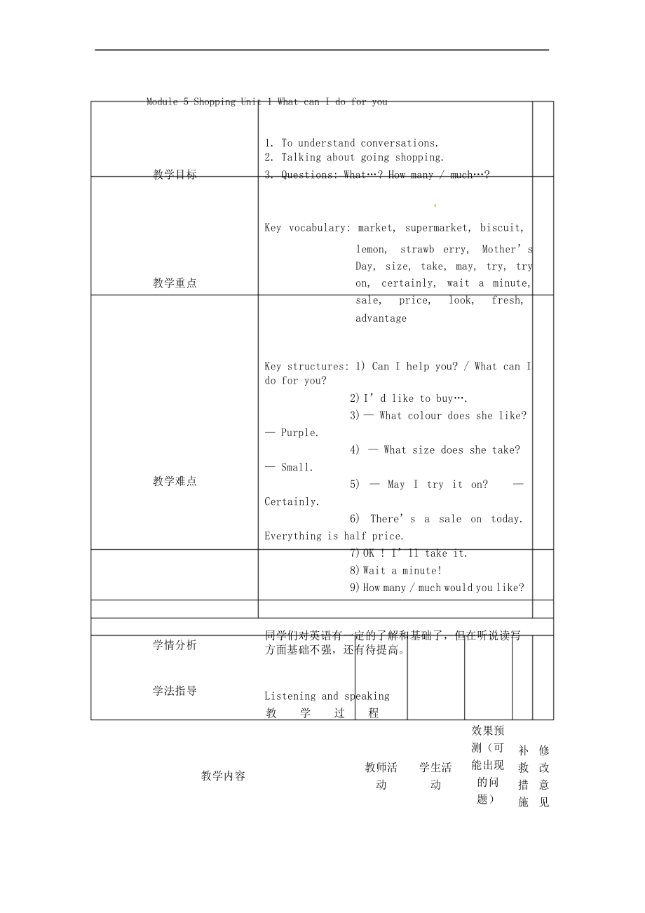 七年级英语下册Module+5+Shopping+Unit+1+What+can+I+do+for+you教案(新外研版)_第1页