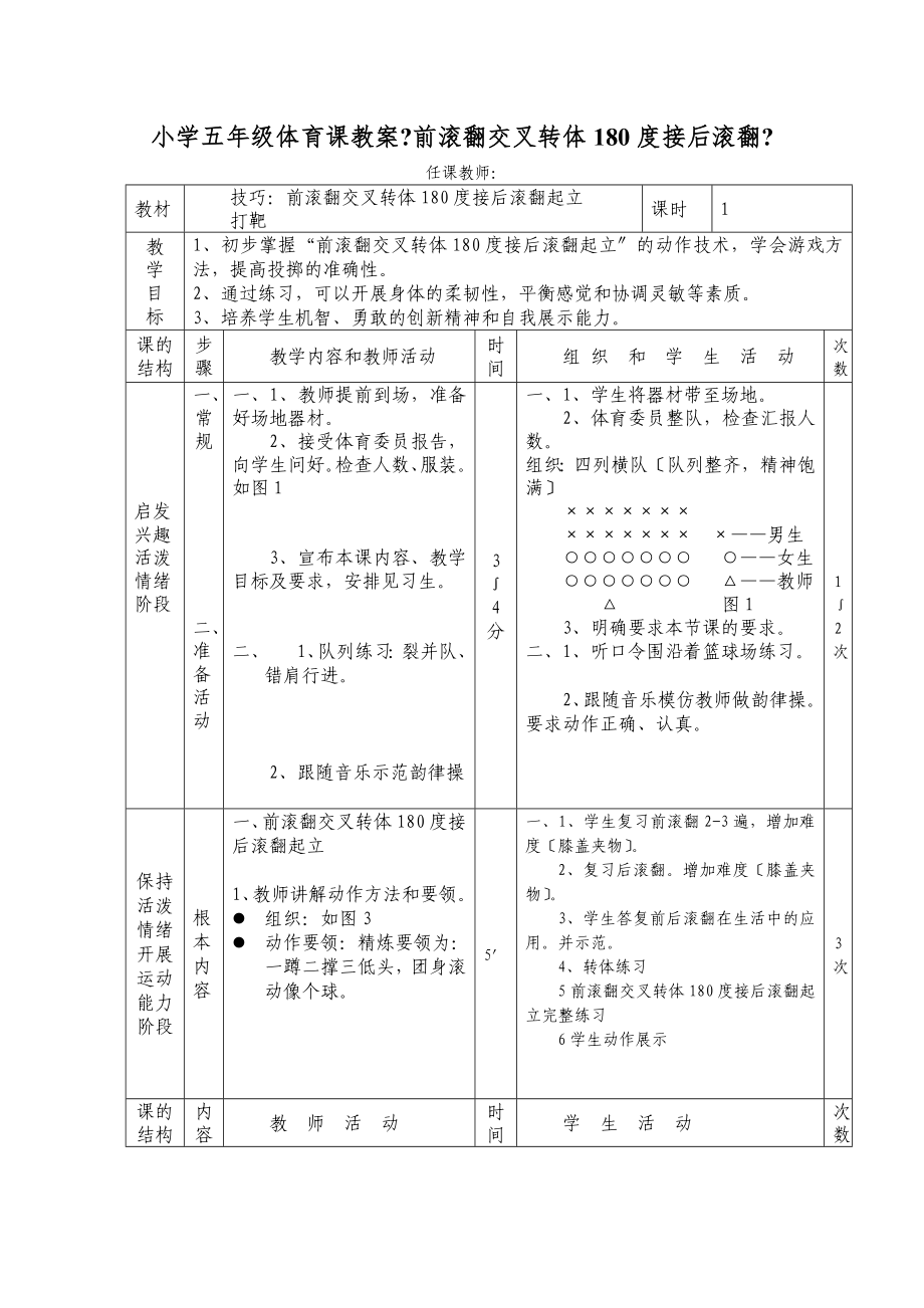 小学五年级体育课教案《前滚翻交叉转体180度接后滚翻》_第1页