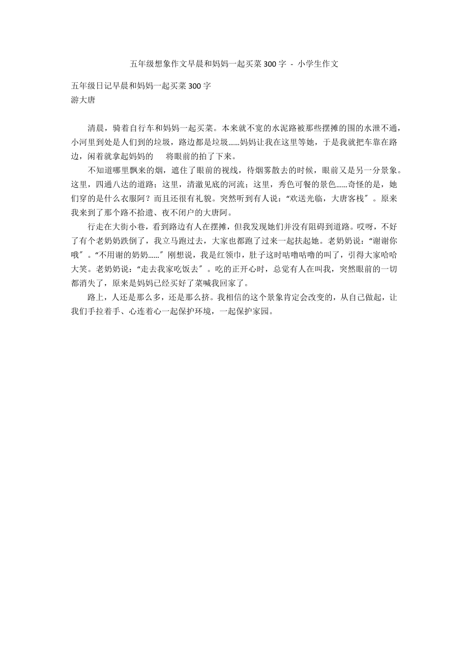 五年级想象作文早晨和妈妈一起买菜300字 - 小学生作文_第1页