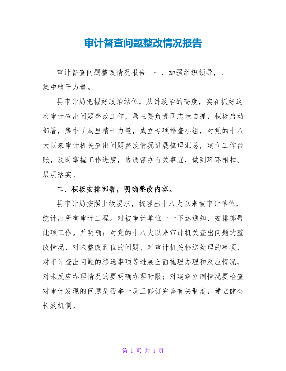 审计督查问题整改情况报告_第1页