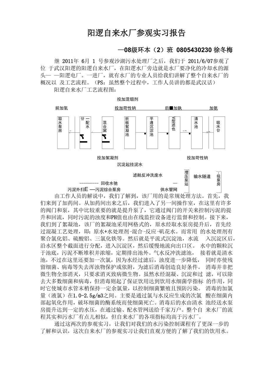 阳逻自来水厂参观实习报告_第1页