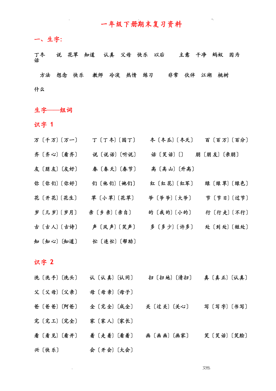 一年级下册语文期末复习资料重点整理版_第1页