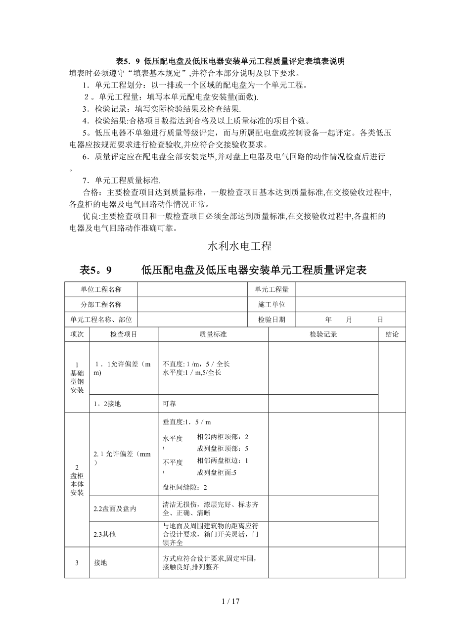 表5.9低压配电盘及低压电器安装单元工程质量评定表填表说明_第1页