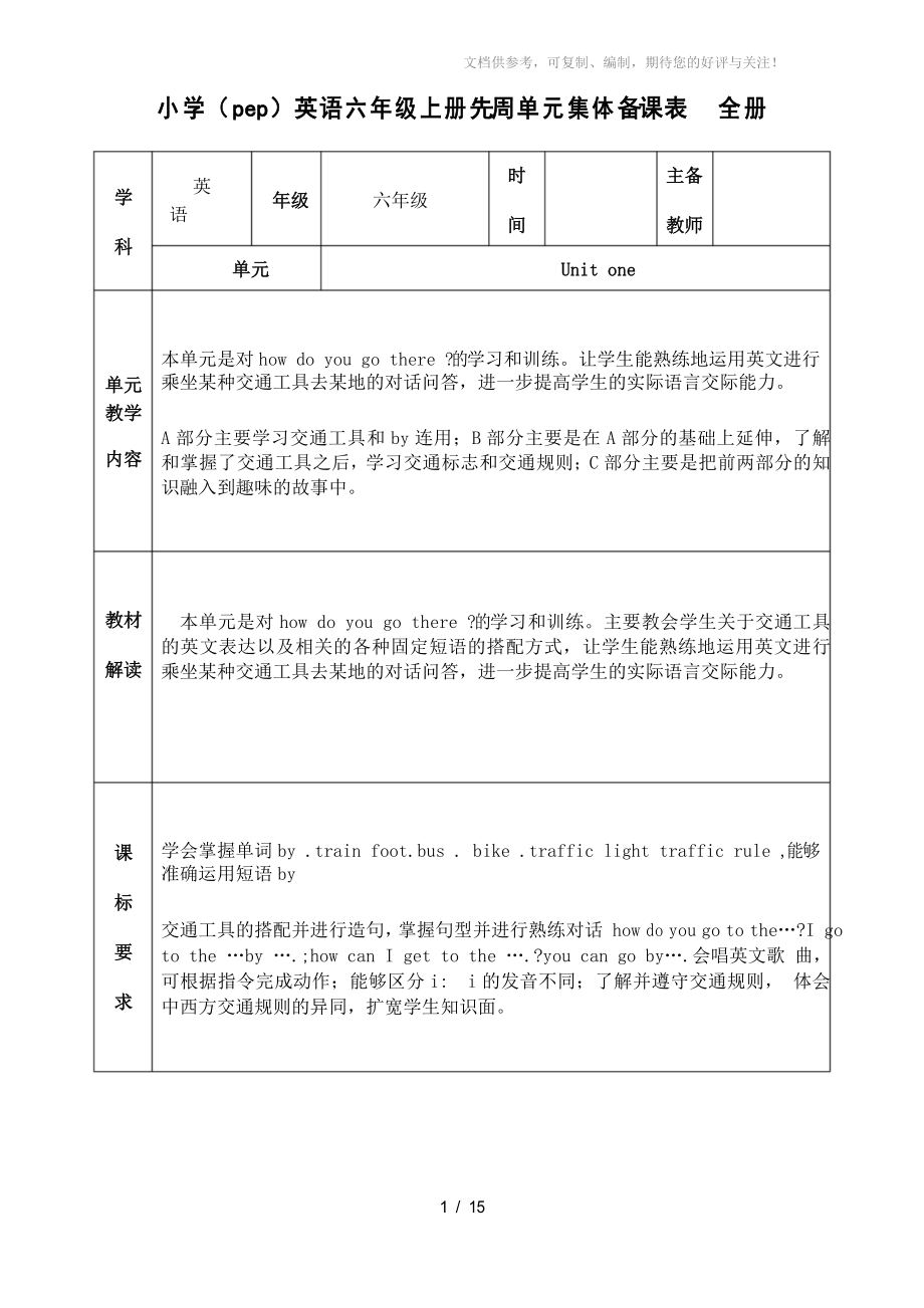小学(pep)英语六年级上册先周单元集体备课表全册_第1页