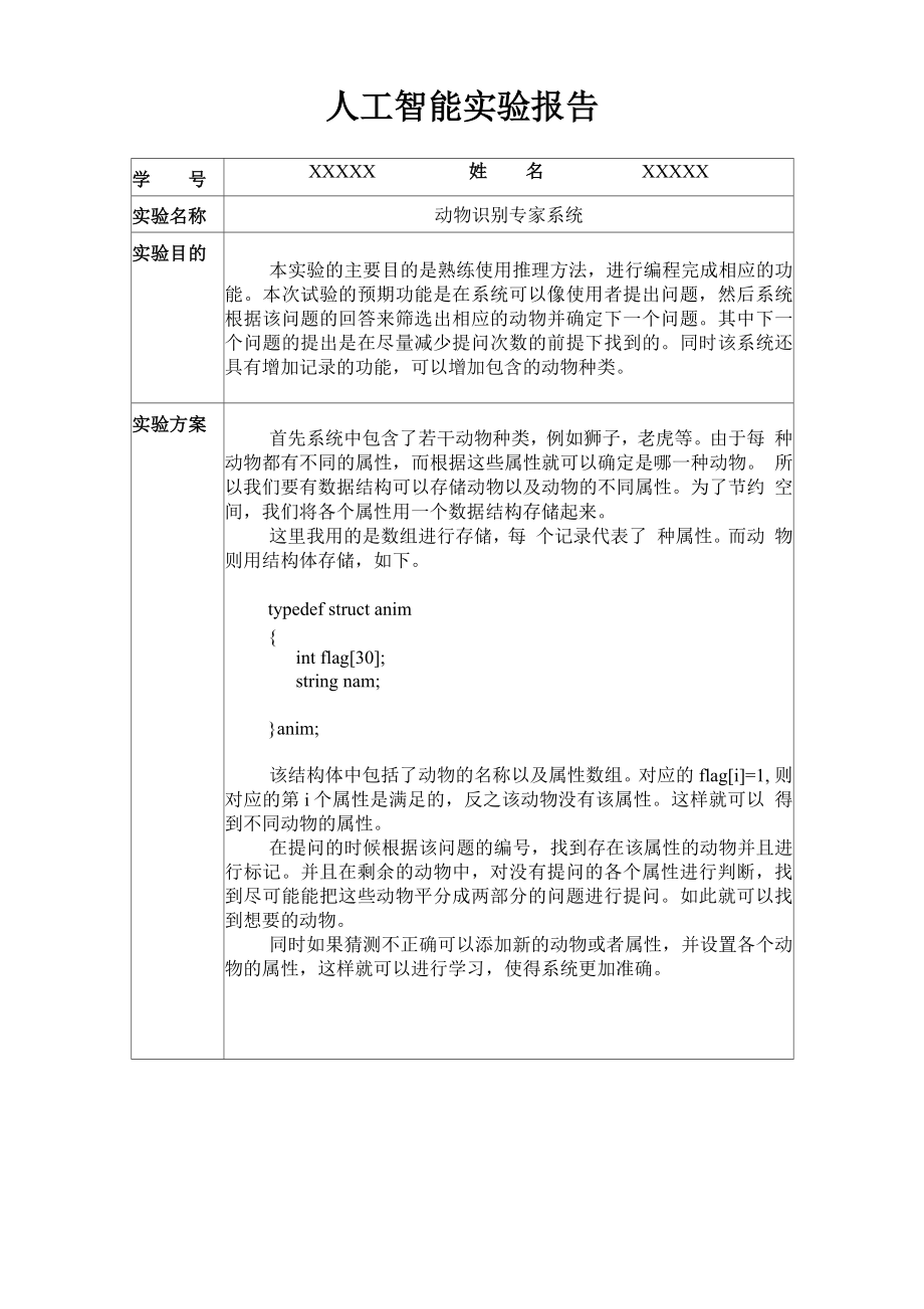动物识别专家系统 实验报告_第1页
