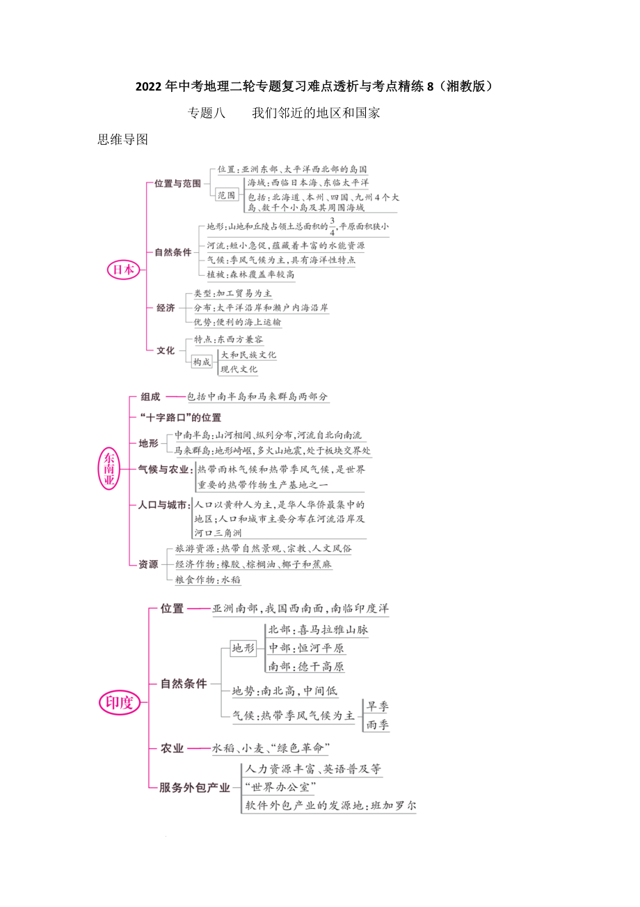 2022年中考地理二轮专题复习难点透析与考点精练8 我们邻近的地区和国家（Word版含答案）_第1页