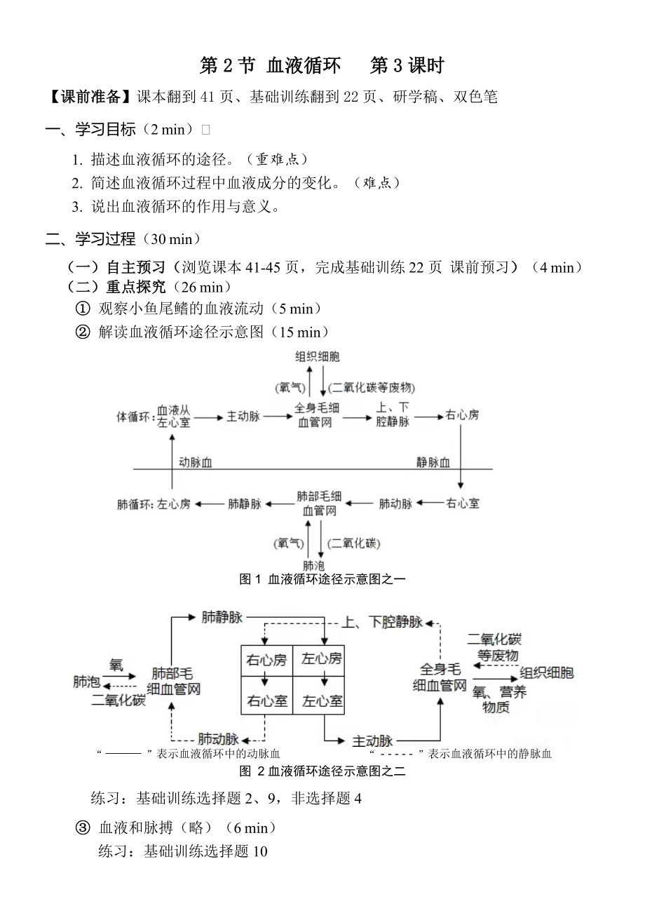 北师大版生物七年级下册9.2.3血液循环（第3课时）导学案（无答案）_第1页