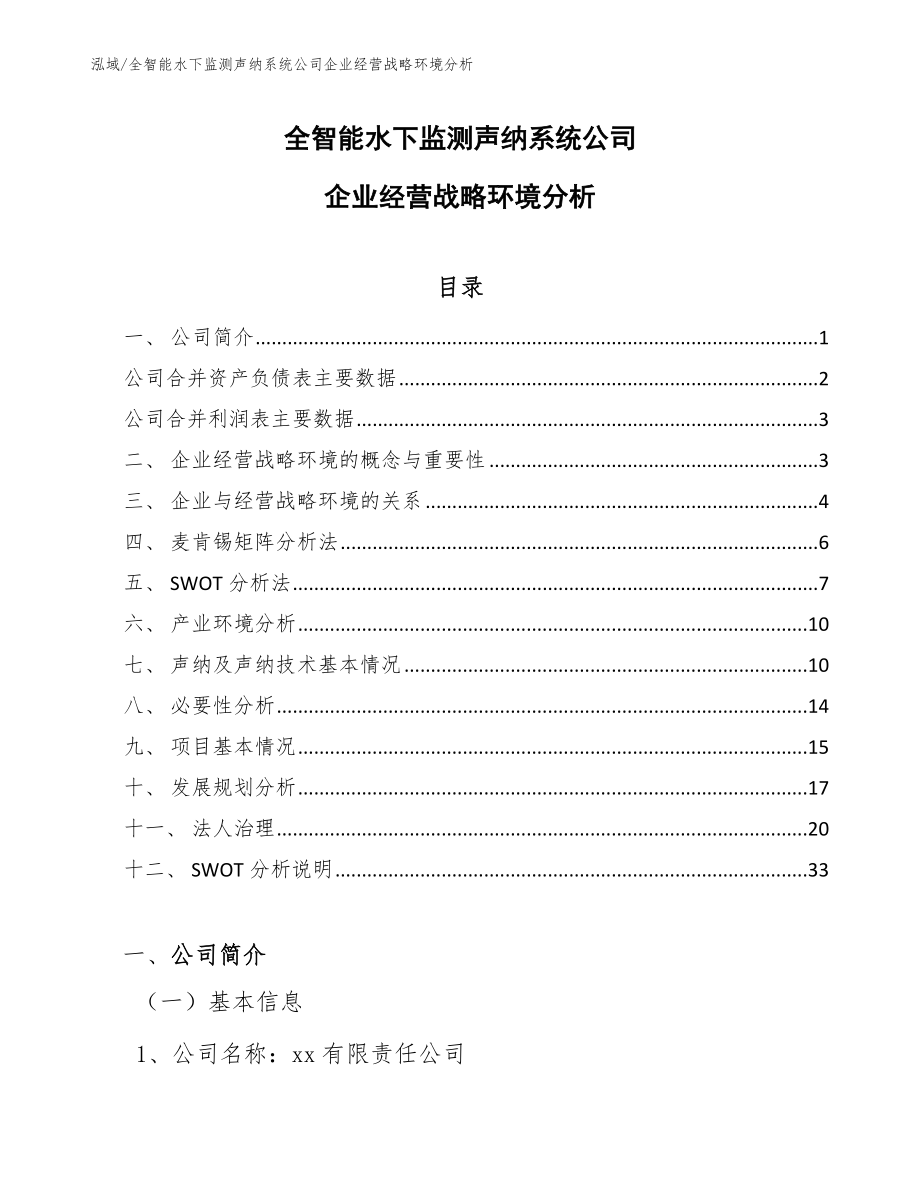 全智能水下监测声纳系统公司企业经营战略环境分析_范文_第1页