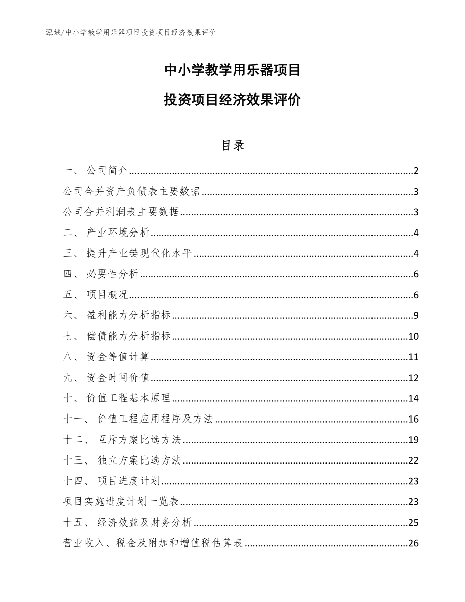 中小学教学用乐器项目投资项目经济效果评价_参考_第1页