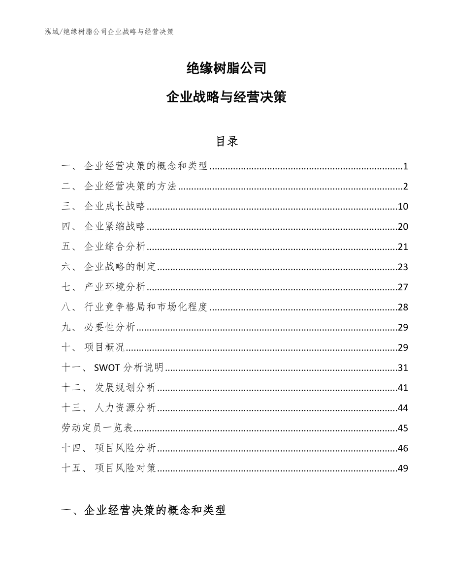 绝缘树脂公司企业战略与经营决策_参考_第1页