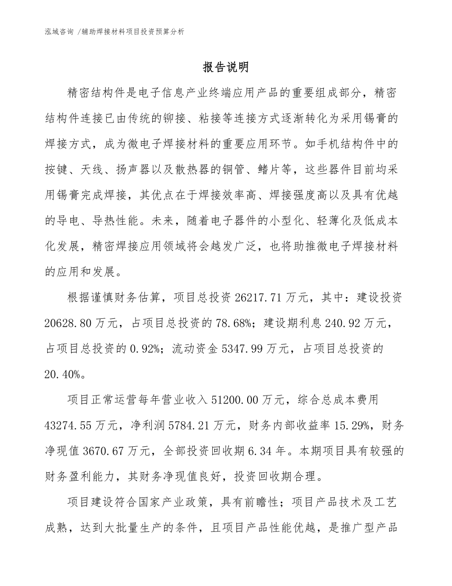 辅助焊接材料项目投资预算分析【范文】_第1页