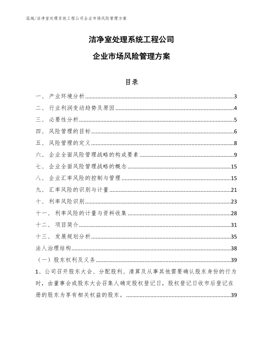 洁净室处理系统工程公司企业市场风险管理方案_范文_第1页