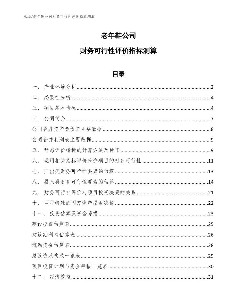 老年鞋公司财务可行性评价指标测算_第1页