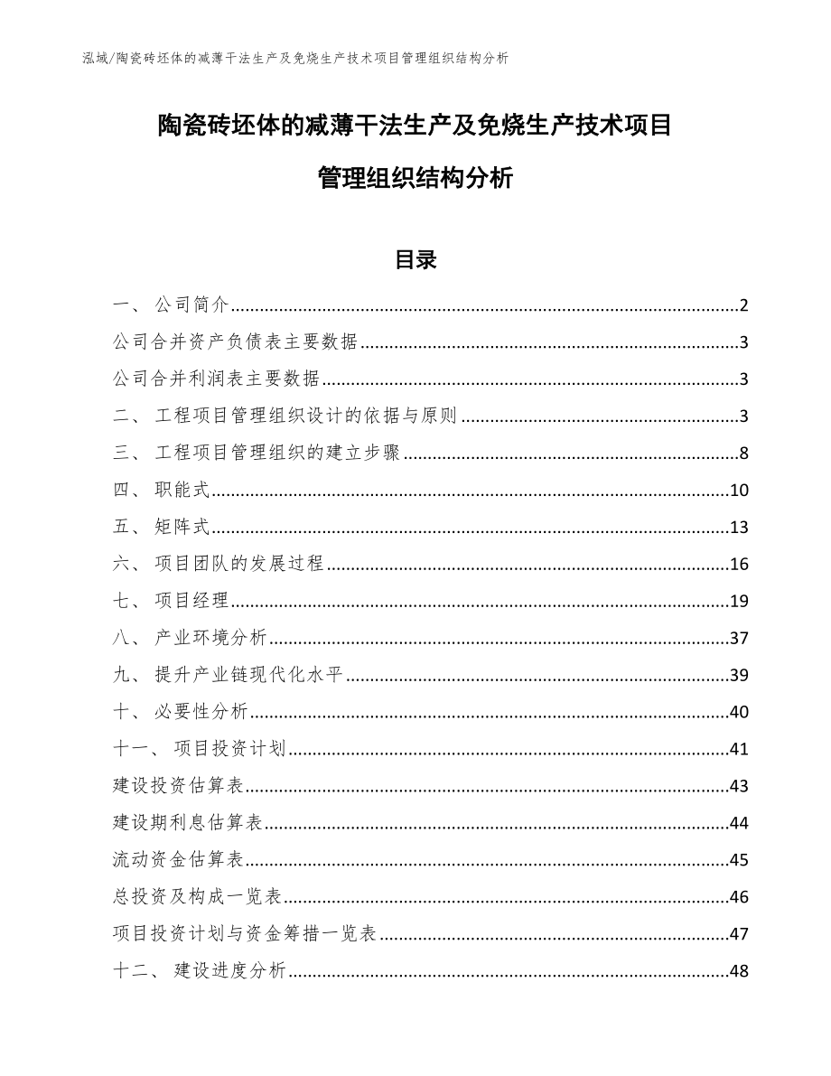 陶瓷砖坯体的减薄干法生产及免烧生产技术项目管理组织结构分析_范文_第1页