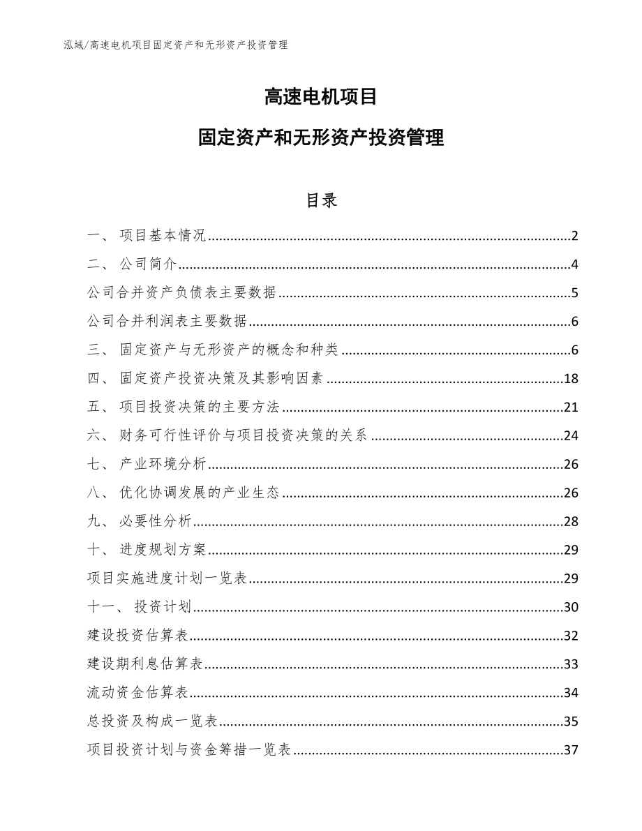 高速电机项目固定资产和无形资产投资管理【范文】_第1页