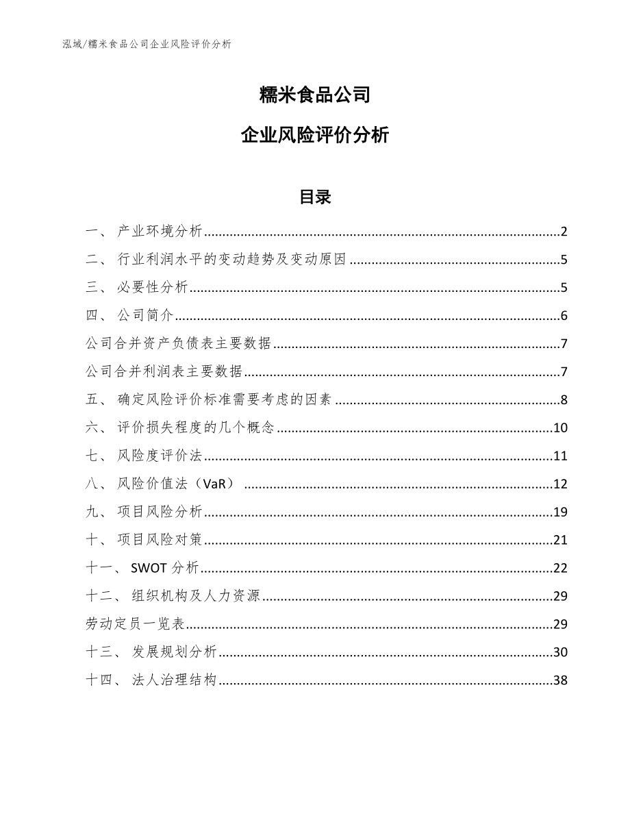 糯米食品公司企业风险评价分析（参考）_第1页