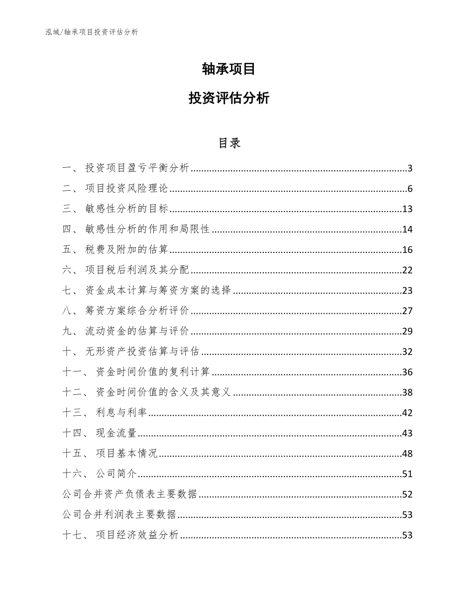 轴承项目投资评估分析（范文）_第1页