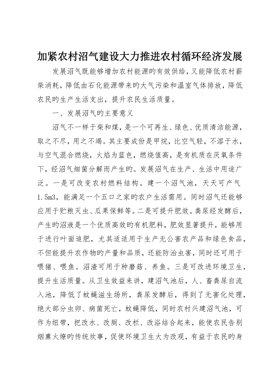 加快农村沼气建设大力推进农村循环经济发展_第1页