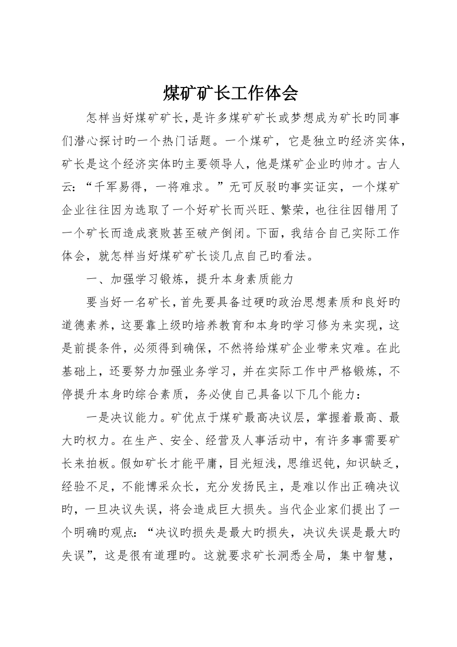 煤矿矿长工作体会_第1页