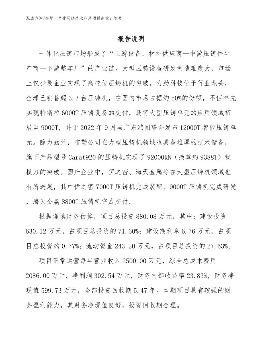 合肥一体化压铸技术应用项目商业计划书_第1页