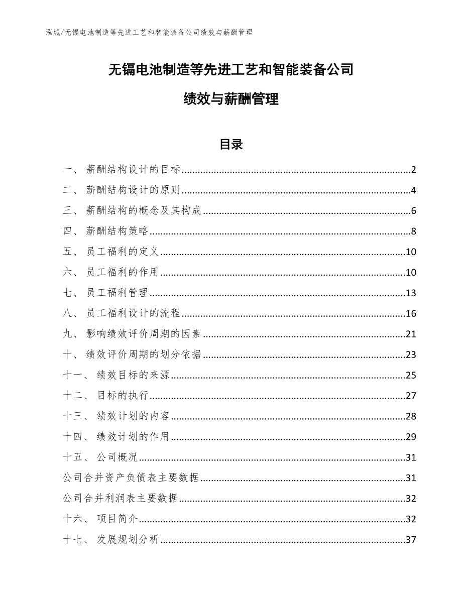 无镉电池制造等先进工艺和智能装备公司绩效与薪酬管理（范文）_第1页