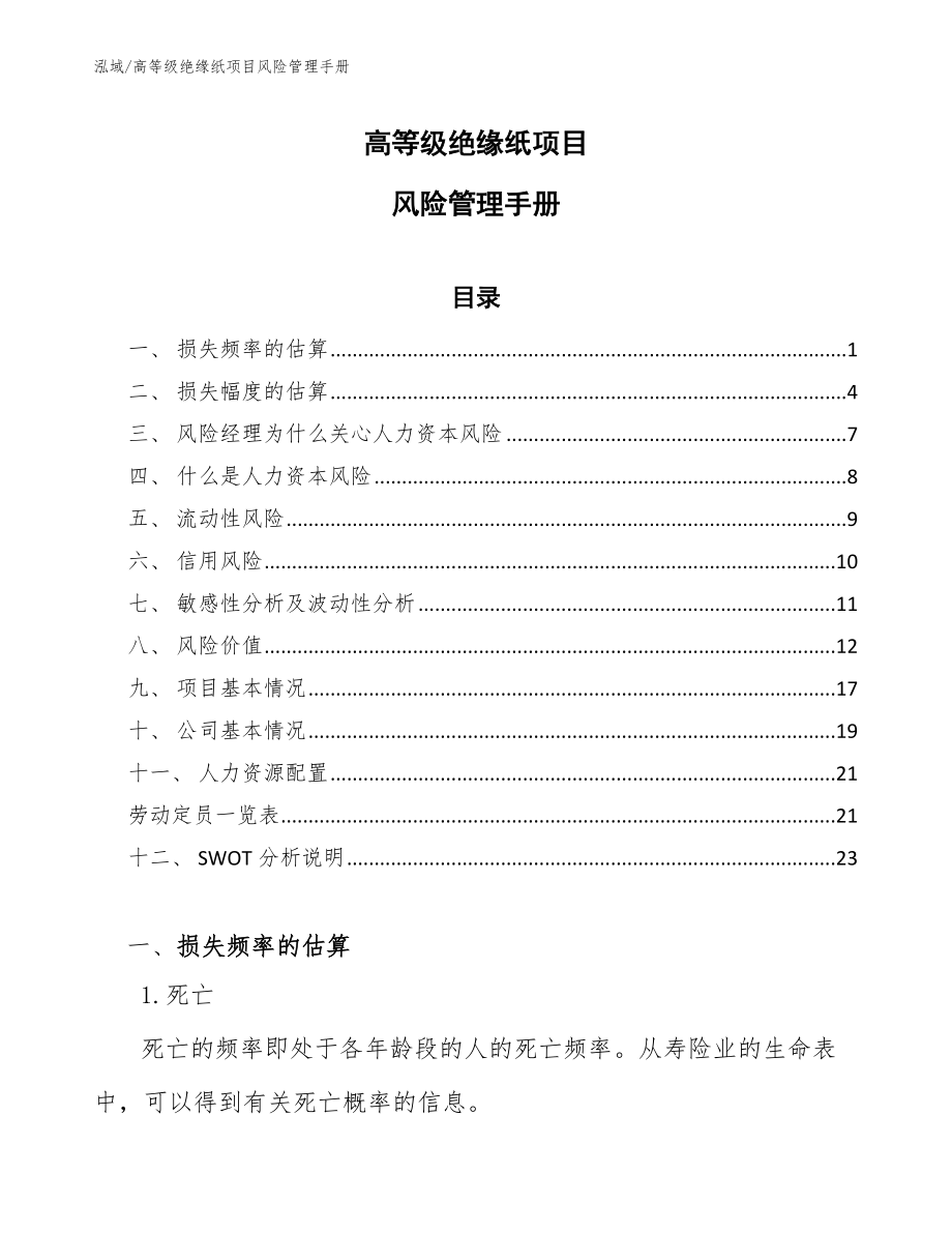 高等级绝缘纸项目风险管理手册_范文_第1页