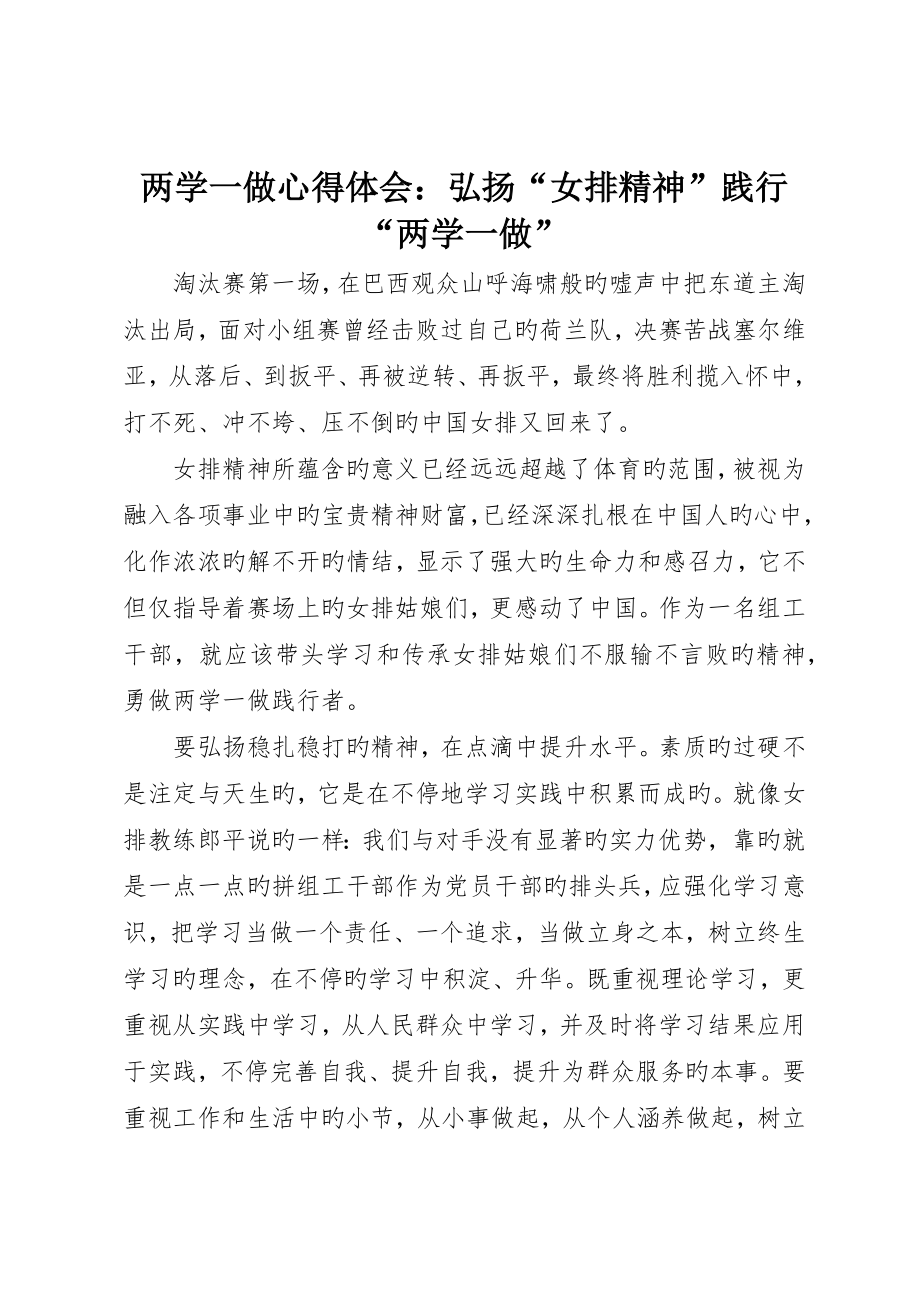 两学一做心得体会：弘扬“女排精神”践行“两学一做”_第1页