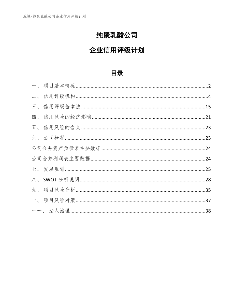 纯聚乳酸公司企业信用评级计划（范文）_第1页