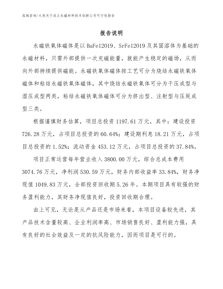 大连关于成立永磁材料技术创新公司可行性报告【范文参考】_第1页