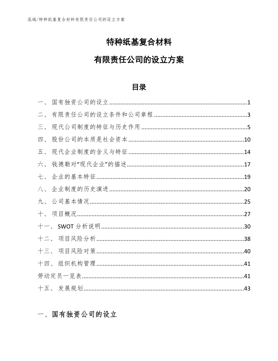 特种纸基复合材料有限责任公司的设立方案【范文】_第1页