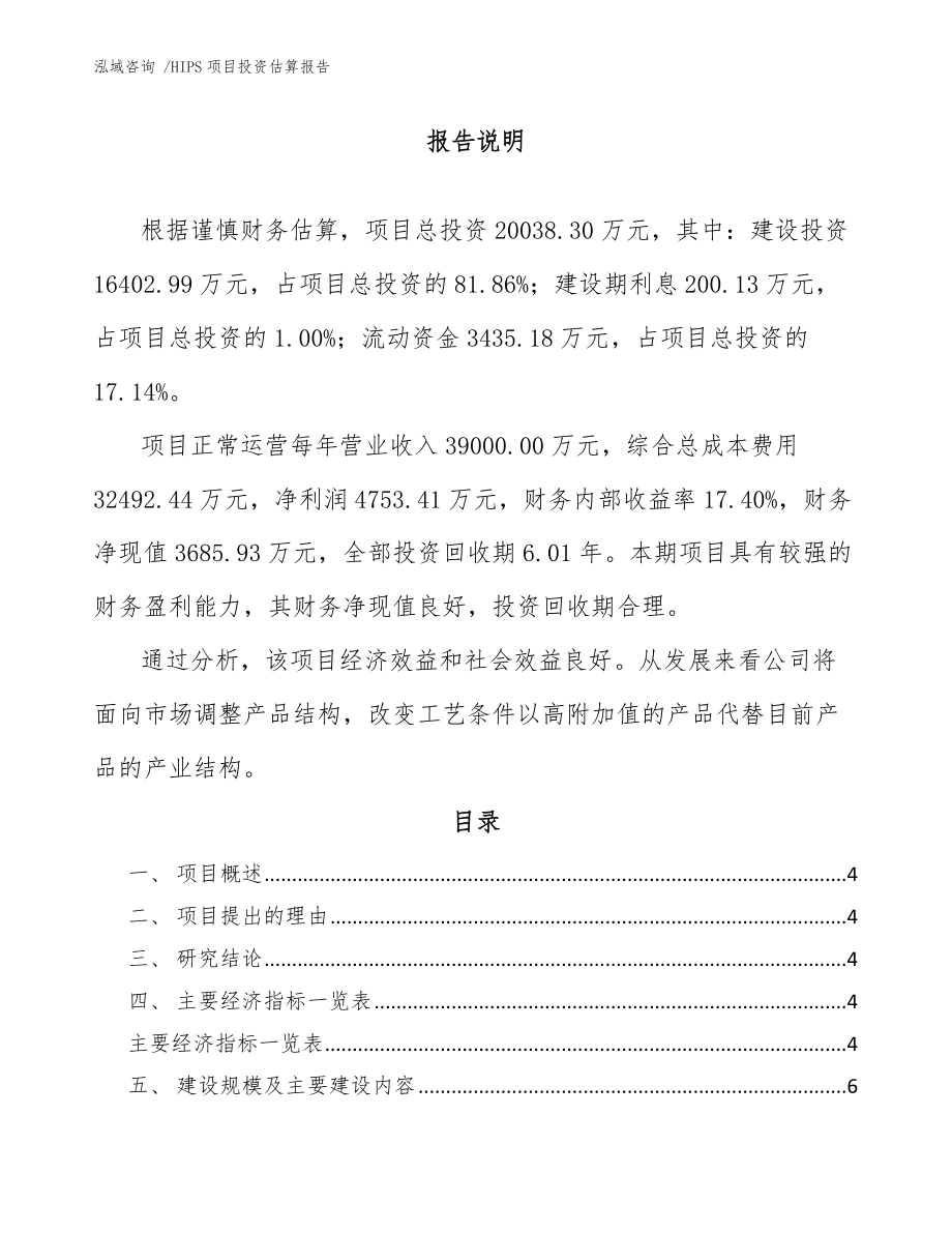 HIPS项目投资估算报告（模板范本）_第1页