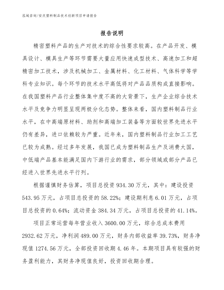 安庆塑料制品技术创新项目申请报告_第1页