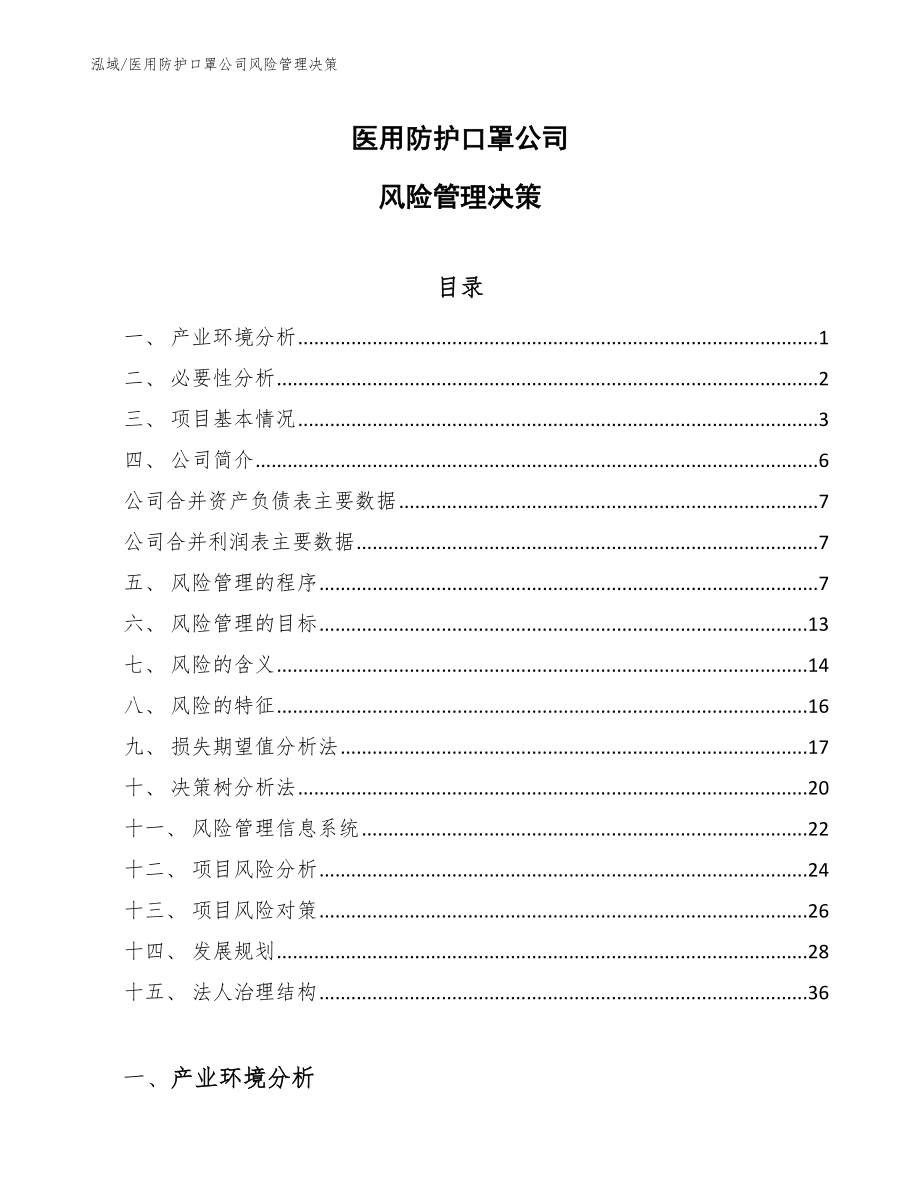 医用防护口罩公司风险管理决策（参考）_第1页