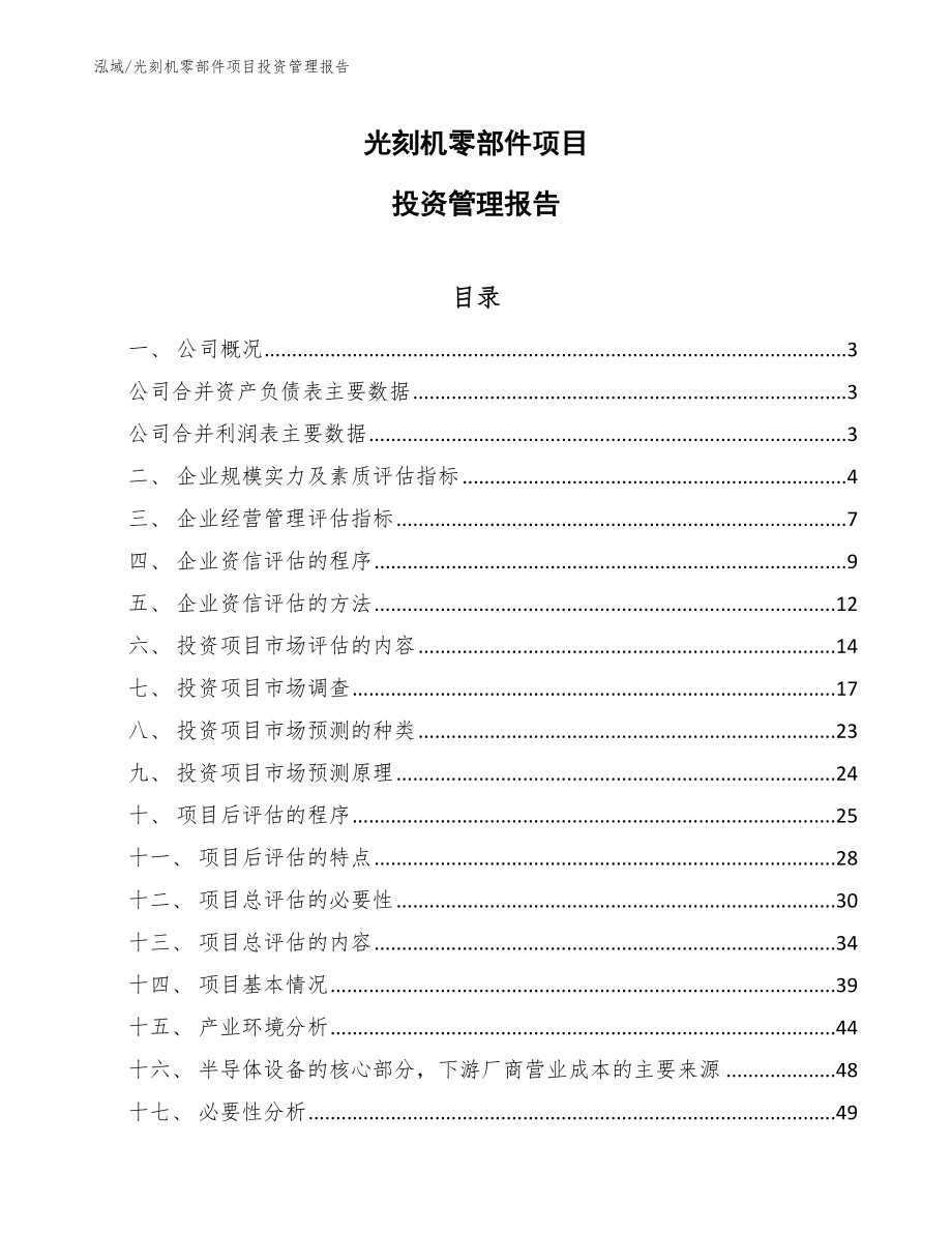 光刻机零部件项目投资管理报告_范文_第1页