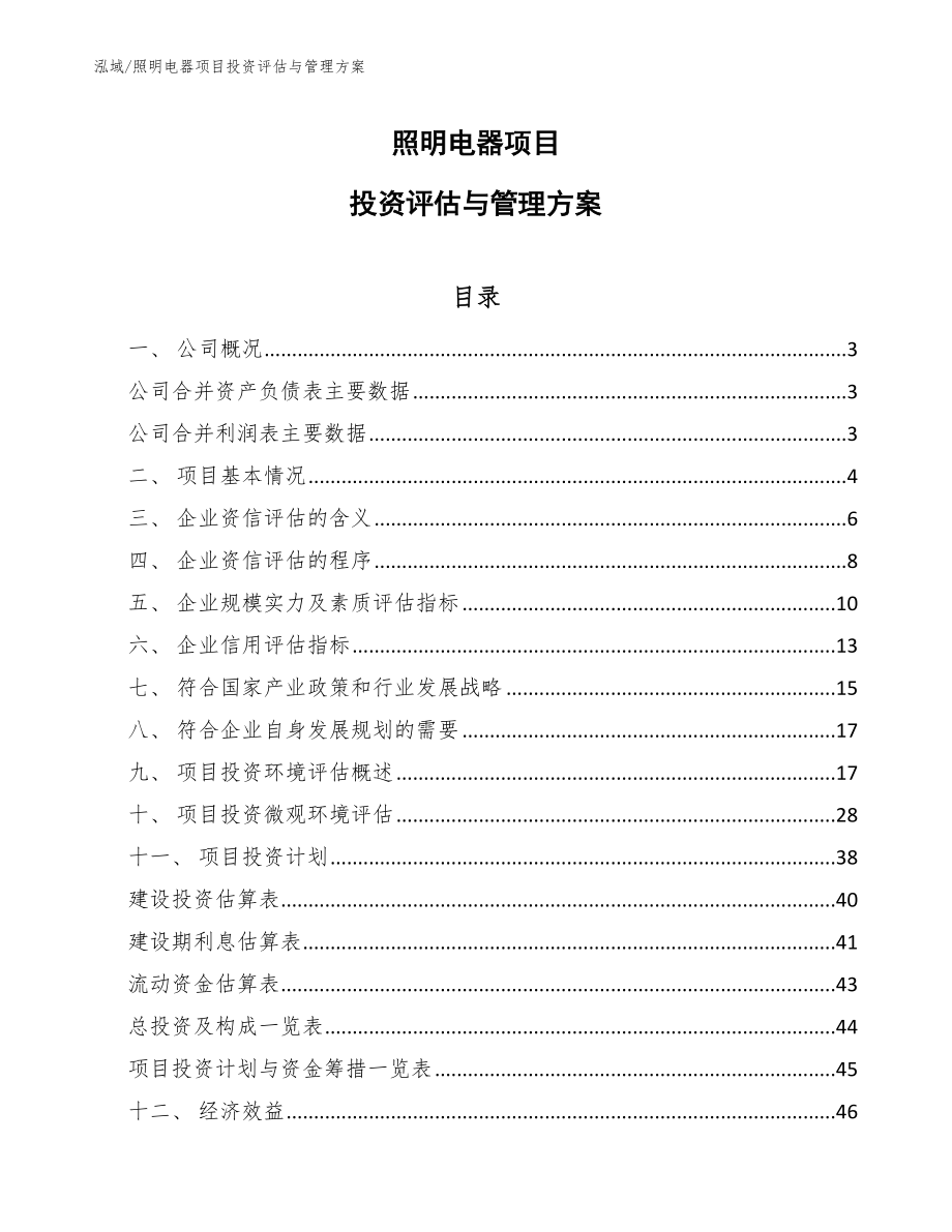 照明电器项目投资评估与管理方案（范文）_第1页