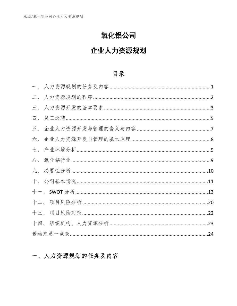 氧化铝公司企业人力资源规划【范文】_第1页