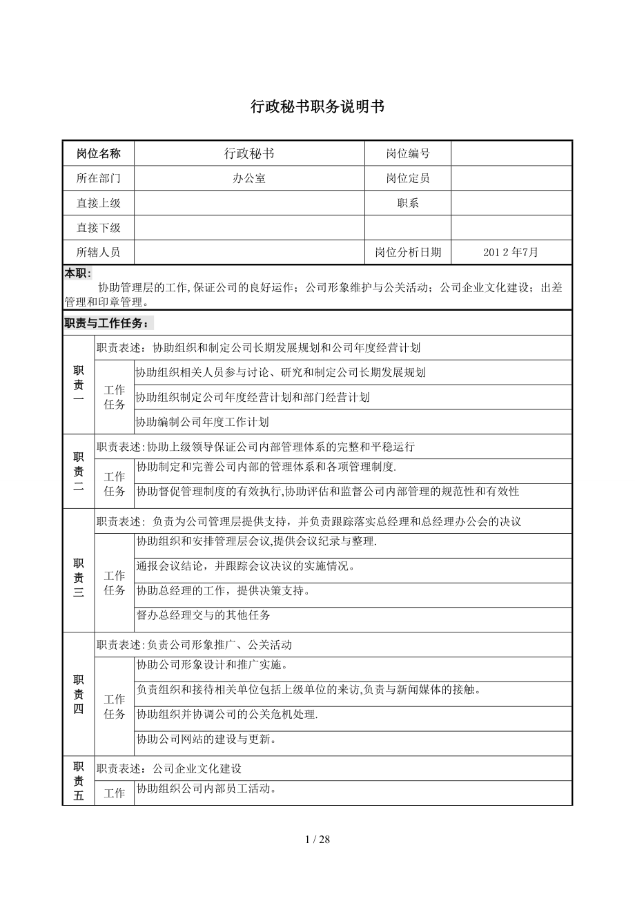 行政秘书职务说明书_第1页