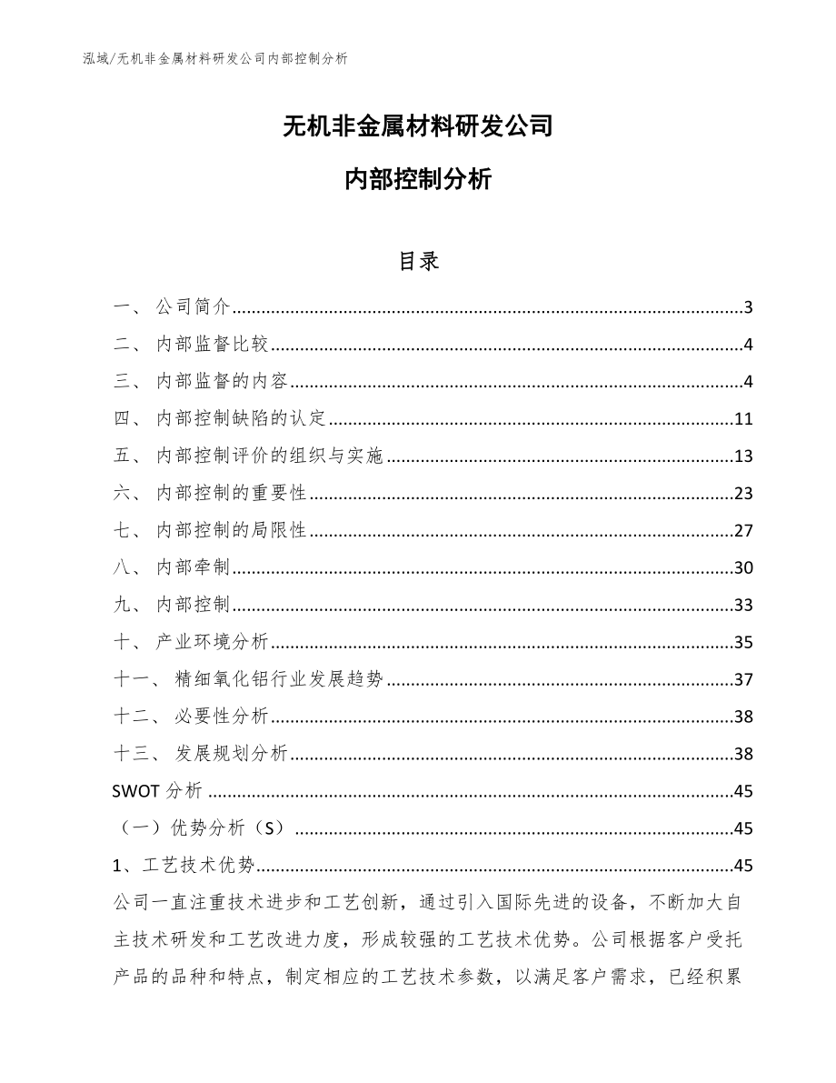 无机非金属材料研发公司内部控制分析（范文）_第1页