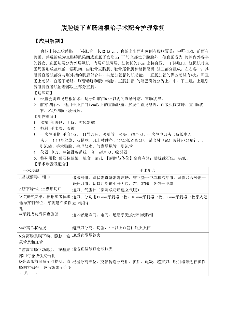腹腔镜下直肠癌根治手术配合护理常规_第1页