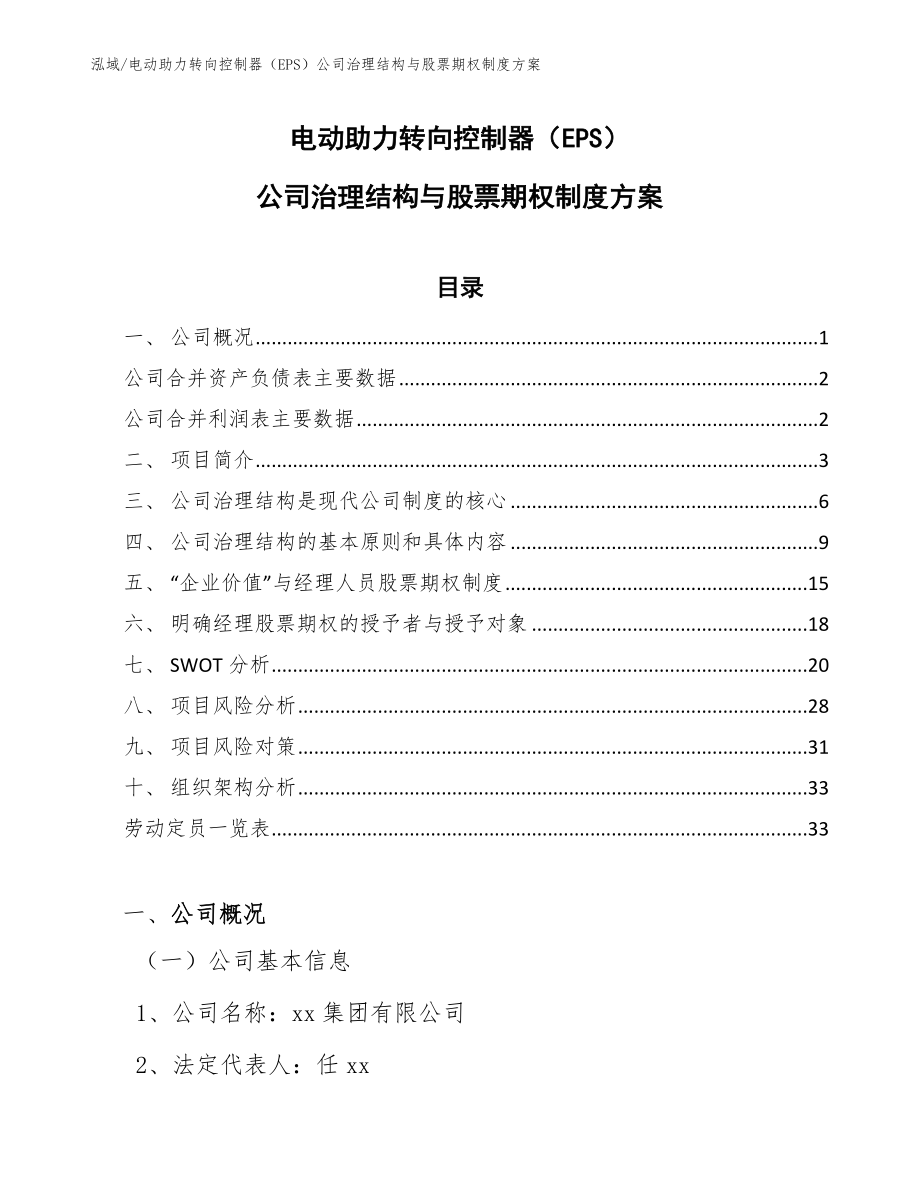 电动助力转向控制器（EPS）公司治理结构与股票期权制度方案（范文）_第1页