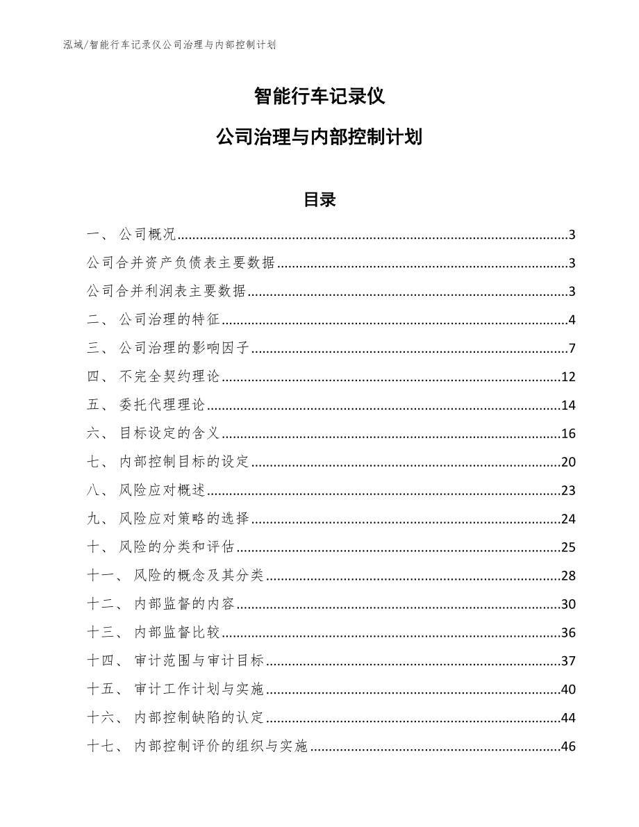 智能行车记录仪公司治理与内部控制计划（范文）_第1页